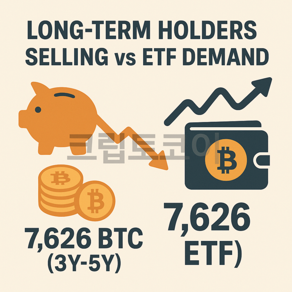비트코인 장기 보유자의 매도 압력과 ETF 수요 간 힘겨루기를 설명하는 인포그래픽