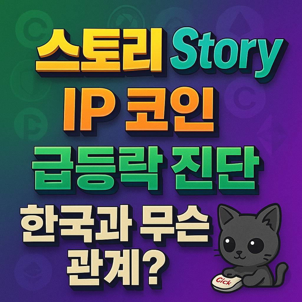 스토리 Story, IP 코인, 급등락 진단, 한국과 무슨 관계?’ 문구가 중앙 정렬 3D 타이포로 강조된 정사각형 카드