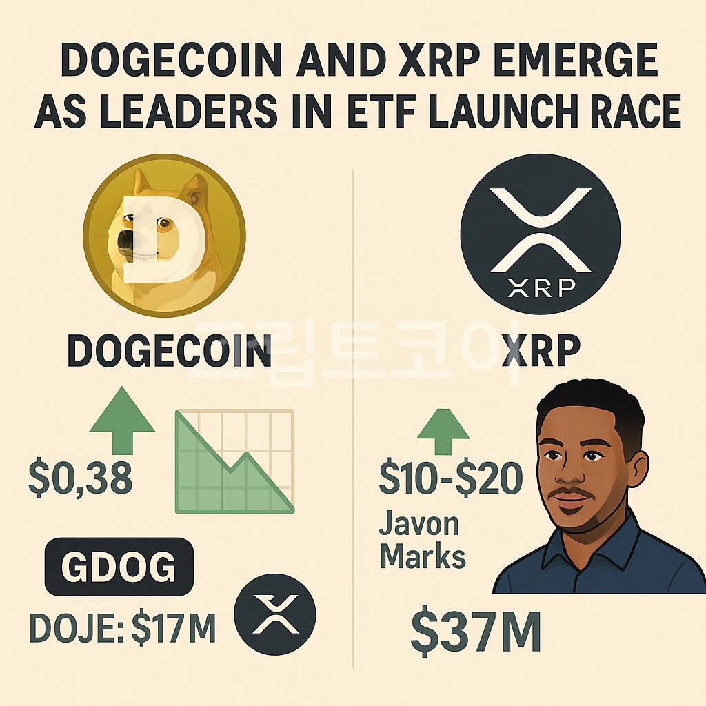 도지코인과 XRP가 ETF 출시 경쟁에서 두각을 나타내며 거래량과 가격 전망이 강조된 암호화폐 인포그래픽