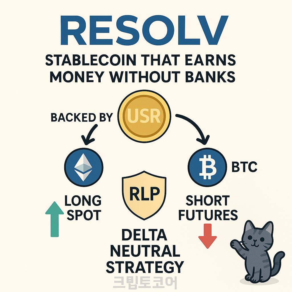 Resolv 은행 없는 스테이블코인 USR과 델타 뉴트럴 전략을 설명하는 인포그래픽