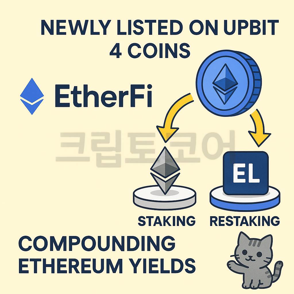 업비트 신규 상장 이더파이 ETHFI의 이더리움 스테이킹과 리스테이킹 구조를 보여주는 인포그래픽