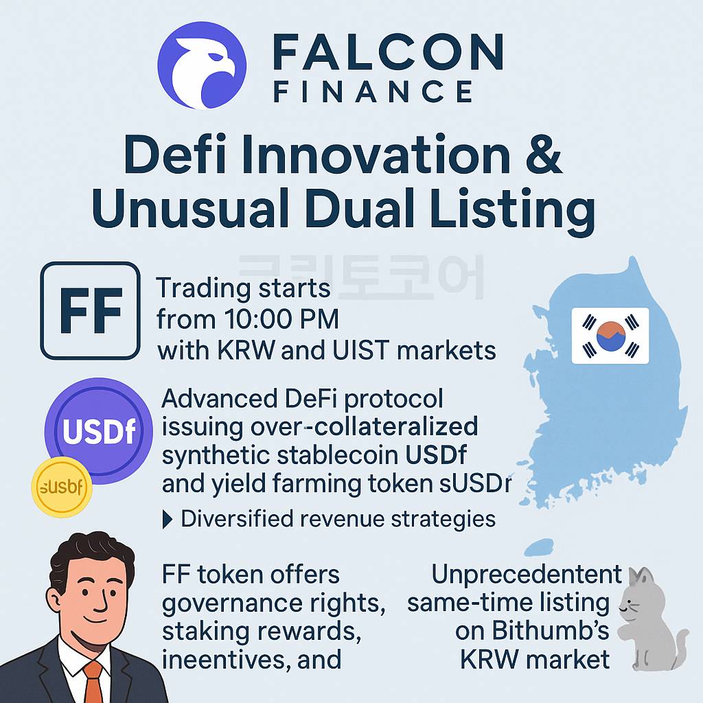 Falcon Finance FF 디파이 프로토콜과 업비트·빗썸 동시 상장을 설명하는 디지털 인포그래픽