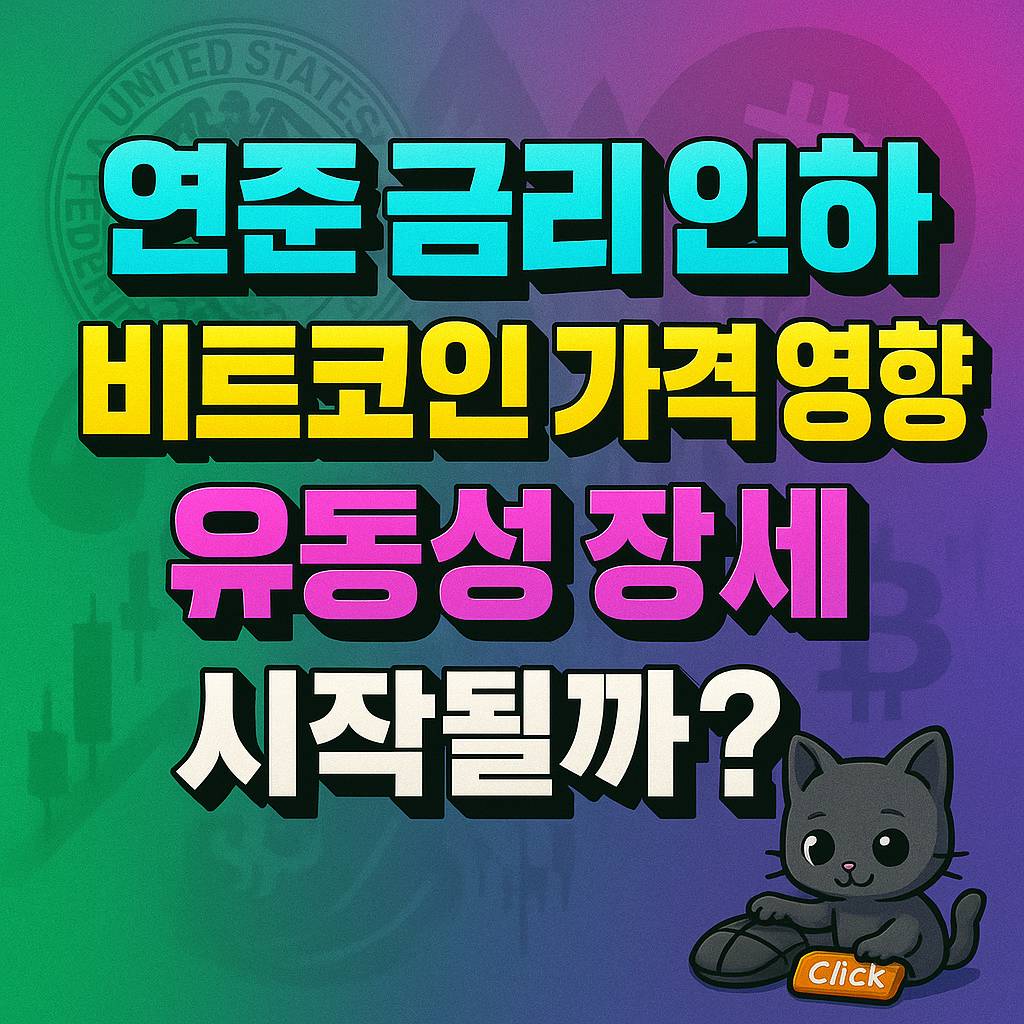 연준 금리 인하와 비트코인 가격 영향, 유동성 장세를 주제로 한 1:1 인포그래픽 썸네일
