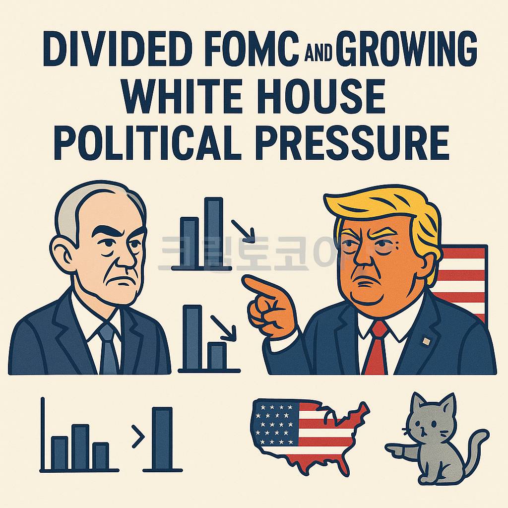 FOMC 내부 갈등과 백악관의 정치적 압력을 상징하는 인포그래픽