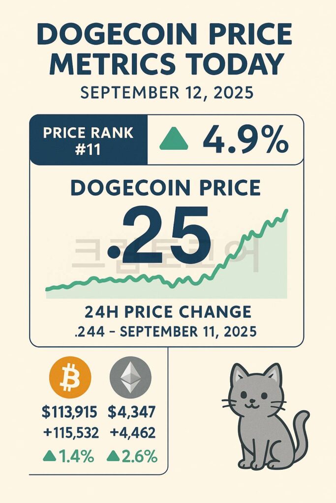 도지코인 2025년 9월 12일 가격 상승 4.9%와 비트코인·이더리움 동반 상승을 보여주는 인포그래픽