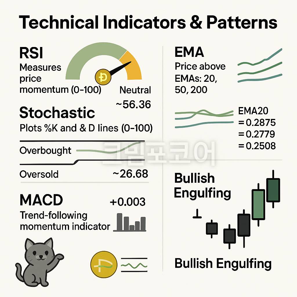 도지코인 RSI·스토캐스틱·MACD·EMA·불리시 잉걸핑을 종합 분석한 암호화폐 기술 지표 인포그래픽