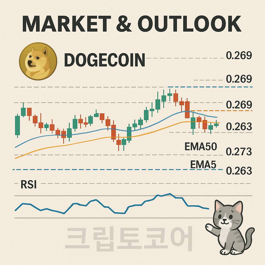 도지코인 가격 차트와 기술적 지표를 보여주는 시장 전망 인포그래픽