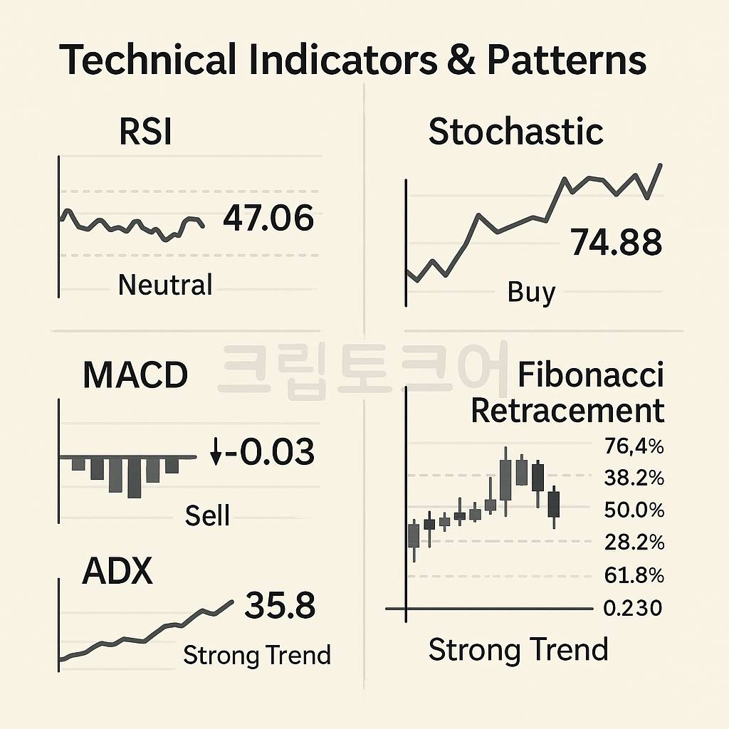 기술적 지표와 패턴을 시각적으로 정리한 인포그래픽. RSI, 스토캐스틱, MACD, ADX, 피보나치 되돌림 차트와 수치가 함께 표시된 금융 분석 이미지