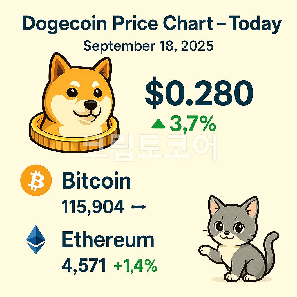도지코인 가격 차트 인포그래픽, 2025년 9월 18일, 비트코인과 이더리움 비교 데이터 포함