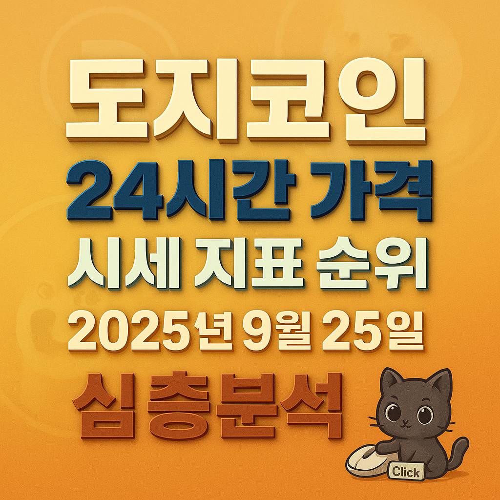도지코인 색감의 그라데이션 배경 위에 ‘도지코인·24시간 가격·시세 지표 순위·2025년 9월 25일·심층분석’ 문구가 입체 효과로 중심 정렬된 1:1 썸네일