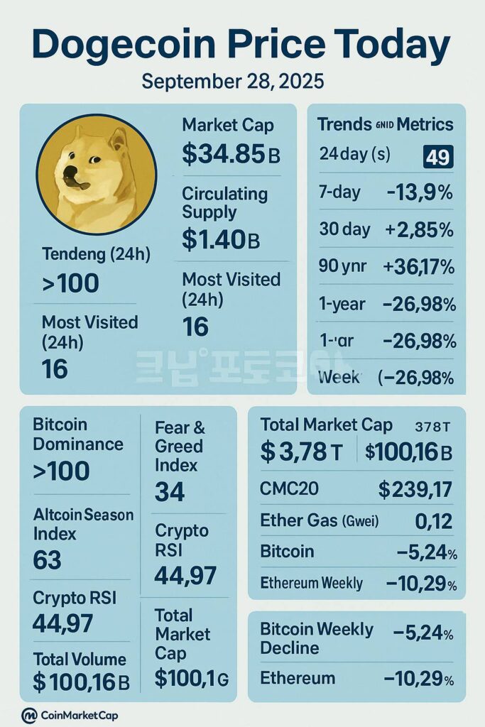 도지코인 시세 및 지표를 요약한 2025년 9월 28일 인포그래픽