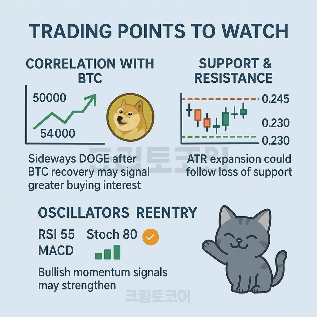 Dogecoin 단기 매매 전략과 관련된 주요 관전 포인트를 정리한 인포그래픽