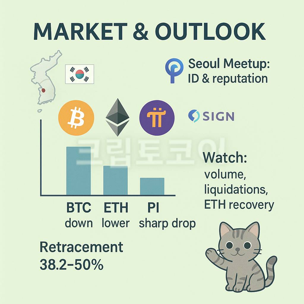 파이코인 서울 밋업 맥락의 BTC·ETH·PI 24시간 하락 비교와 관찰 포인트를 담은 밝은 배경 인포그래픽