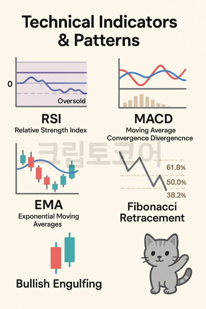 파이코인 암호화폐 RSI, MACD, EMA, 피보나치 되돌림, 불리시 잉걸핑 패턴을 설명하는 인포그래픽