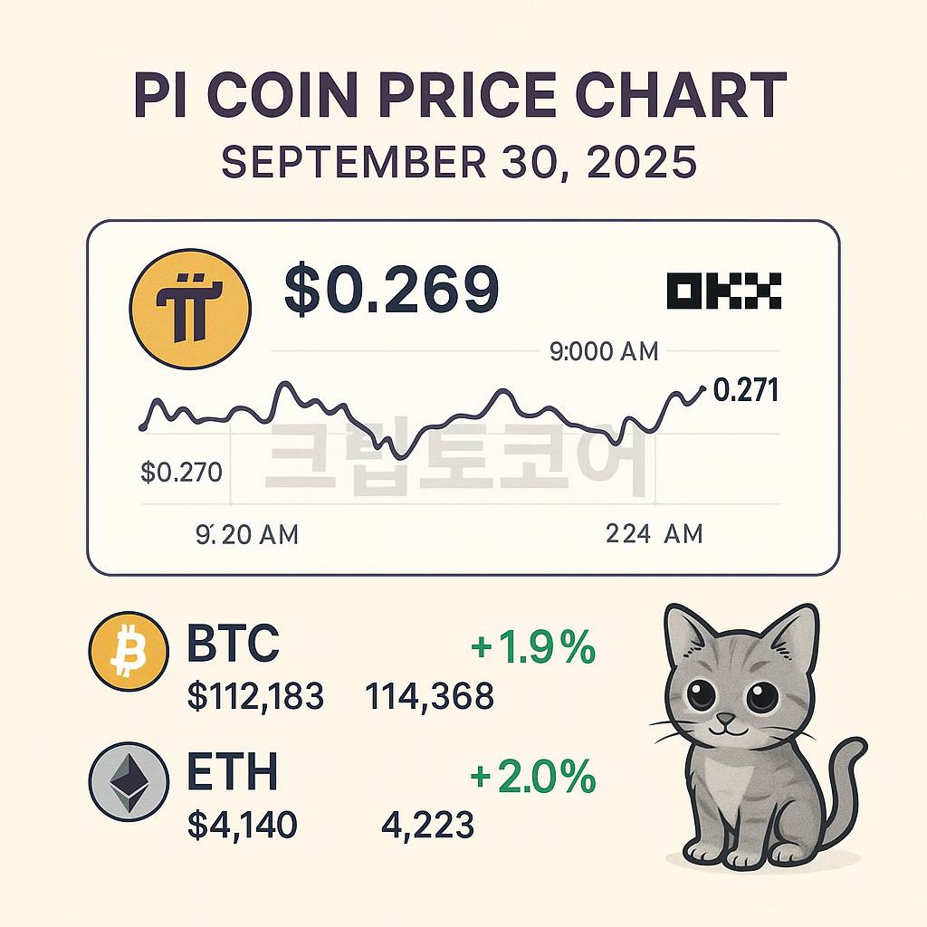 Pi 코인 가격 차트와 시세 요약 인포그래픽, 2025년 9월 30일