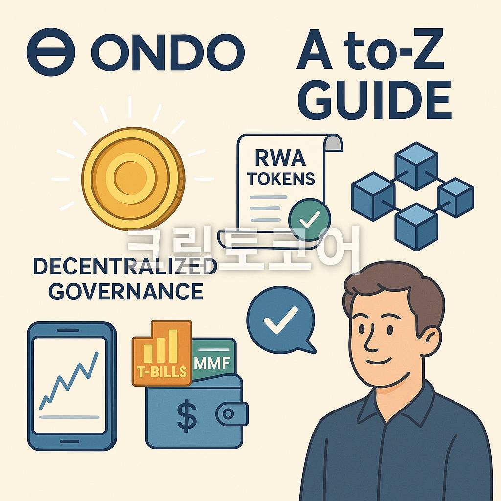 온도 코인의 RWA 토큰화와 거버넌스 개념을 알기 쉽게 표현한 인포그래픽