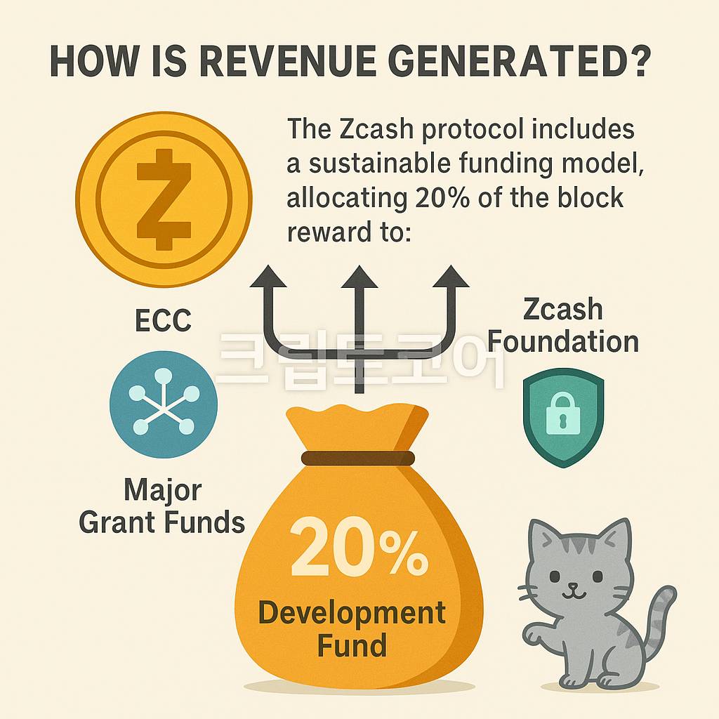 Zcash 수익 모델과 개발 펀드 구조를 설명하는 인포그래픽