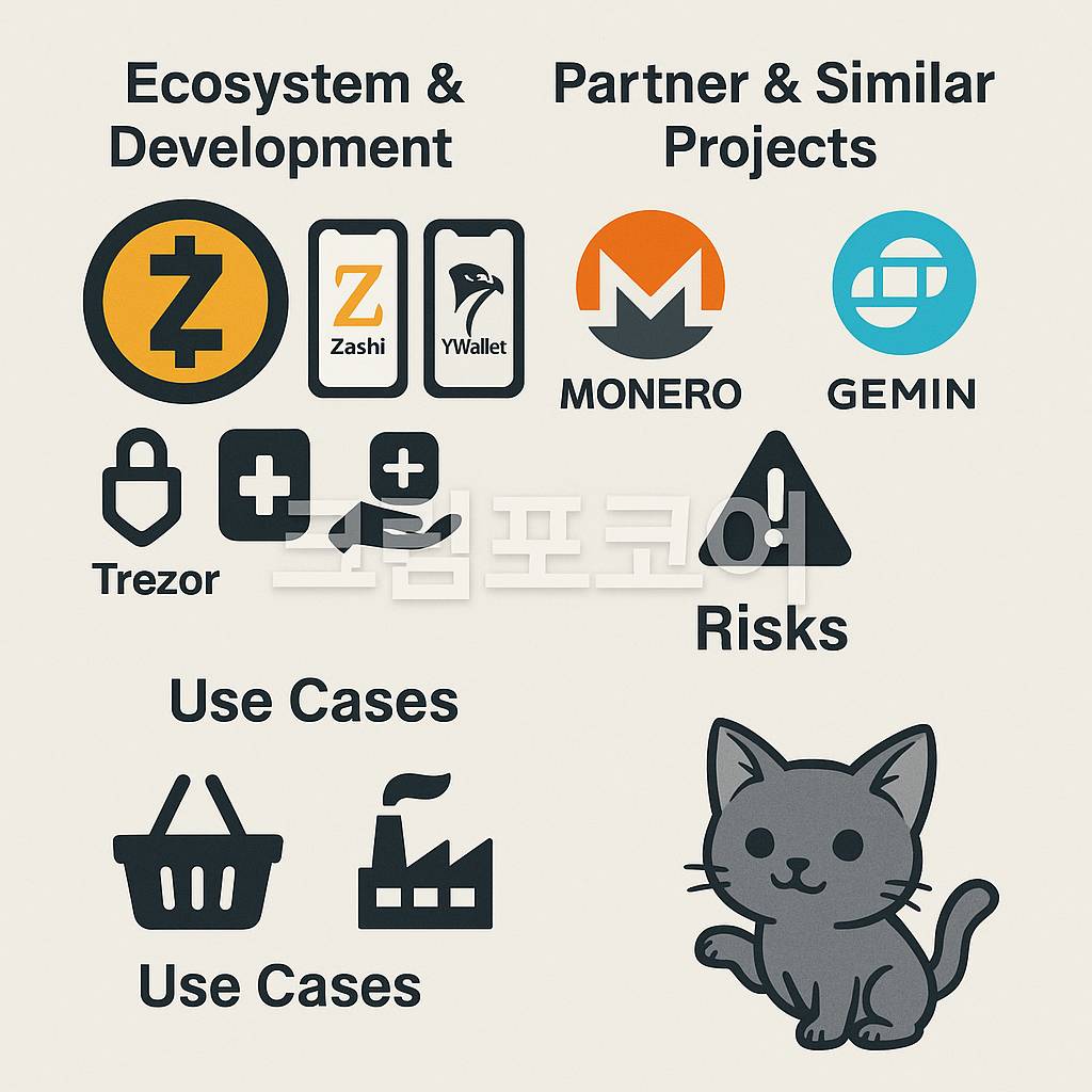 지캐시(Zcash) 생태계, 경쟁 프로젝트, 리스크, 활용 사례를 설명하는 인포그래픽