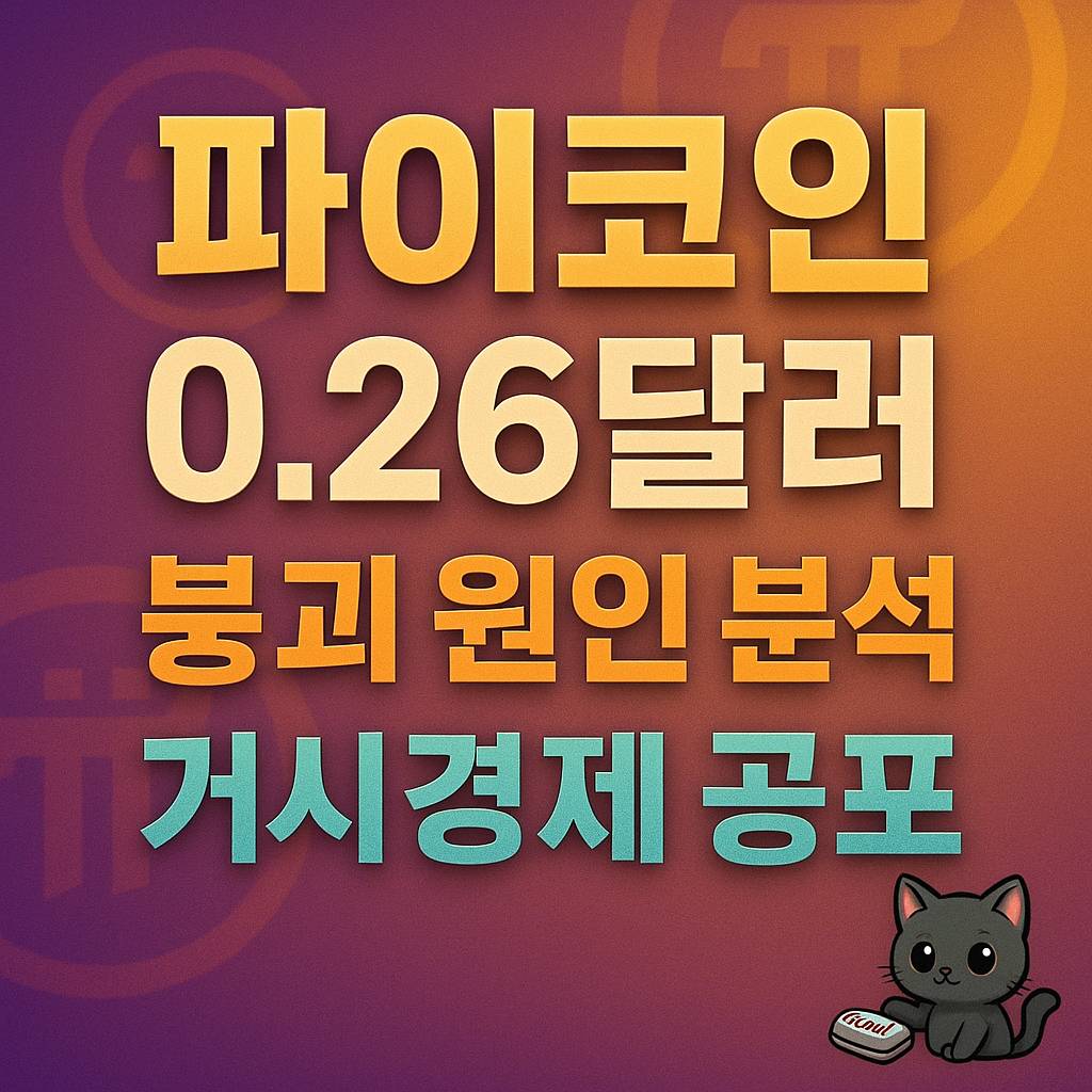 ‘파이코인’, ‘0.26달러’, ‘붕괴 원인 분석’, ‘거시경제 공포’ 문구가 동일한 큰 크기와 강한 대비의 입체 효과로 중앙 정렬된 정사각형 썸네일