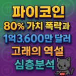 그린·퍼플 그라데이션 배경 위에 ‘파이코인 80% 가치 폭락과 1억3,600만 달러 고래의 역설 심층분석’ 문구가 입체 음영으로 크게 배치된 1:1 썸네일