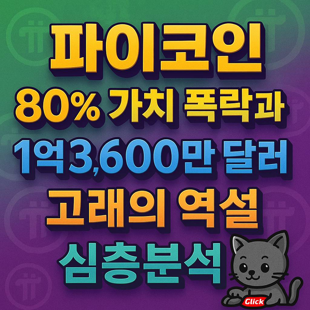 그린·퍼플 그라데이션 배경 위에 ‘파이코인 80% 가치 폭락과 1억3,600만 달러 고래의 역설 심층분석’ 문구가 입체 음영으로 크게 배치된 1:1 썸네일