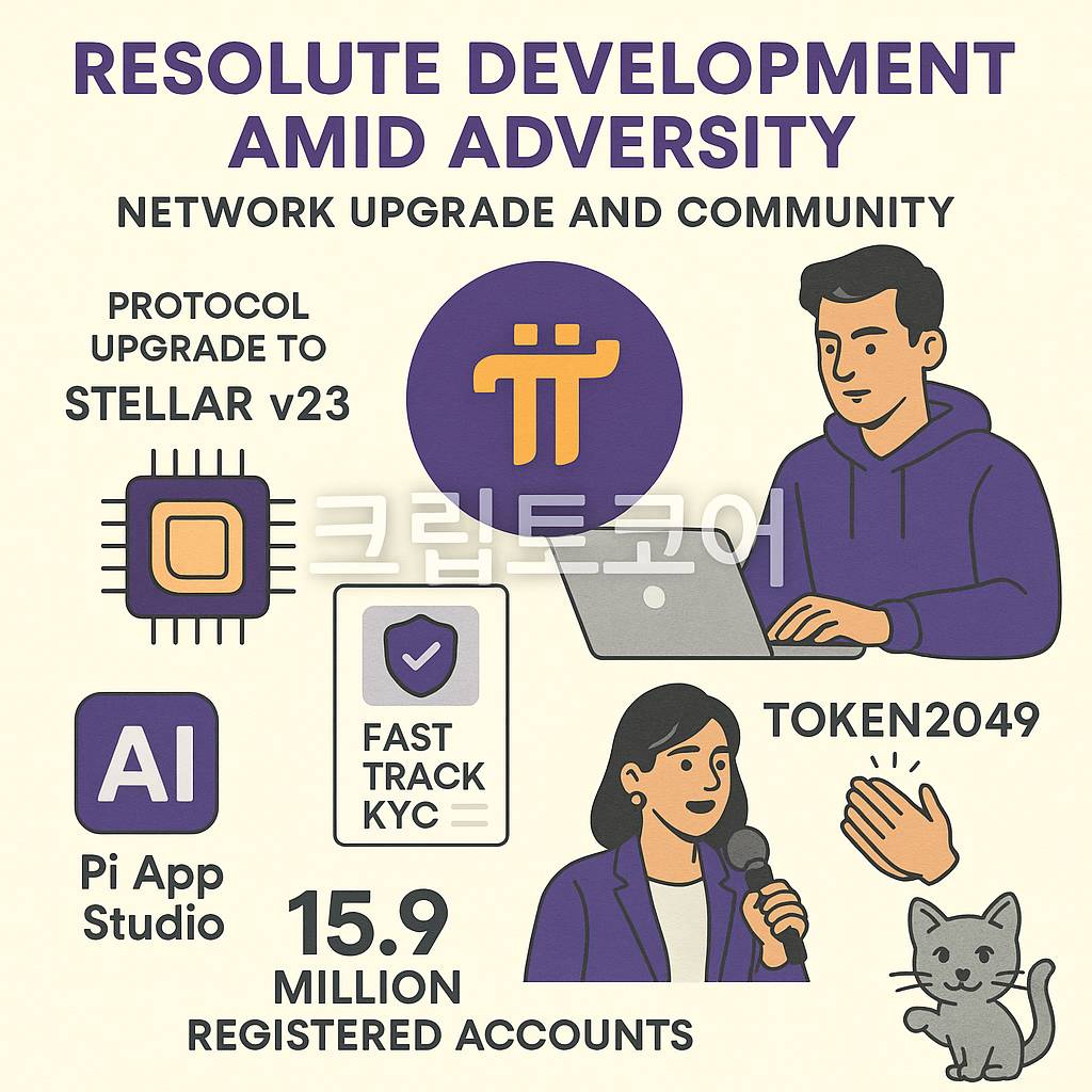 Pi Network 개발팀의 꾸준한 네트워크 업그레이드와 커뮤니티 지원을 시각적으로 표현한 인포그래픽
