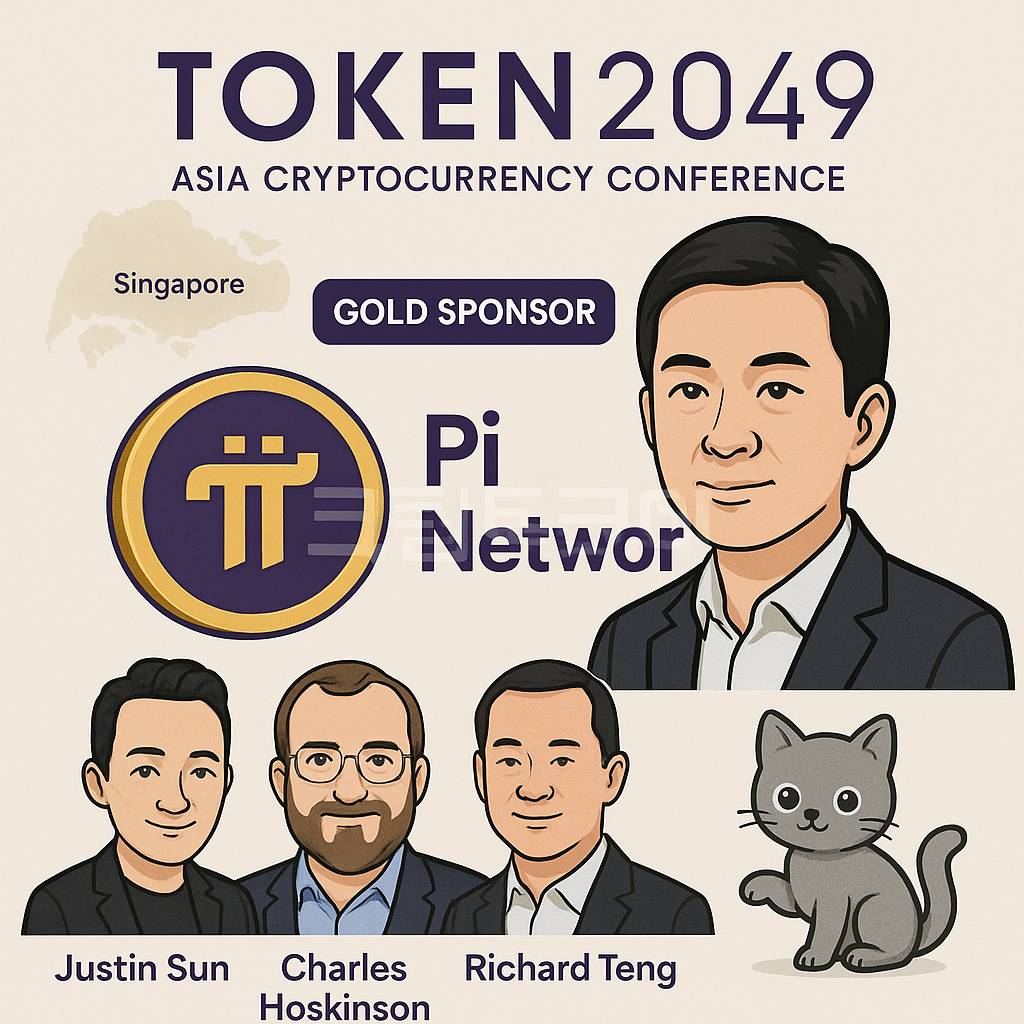 Pi Network의 TOKEN2049 참여와 생태계 확장을 강조하는 인포그래픽 이미지