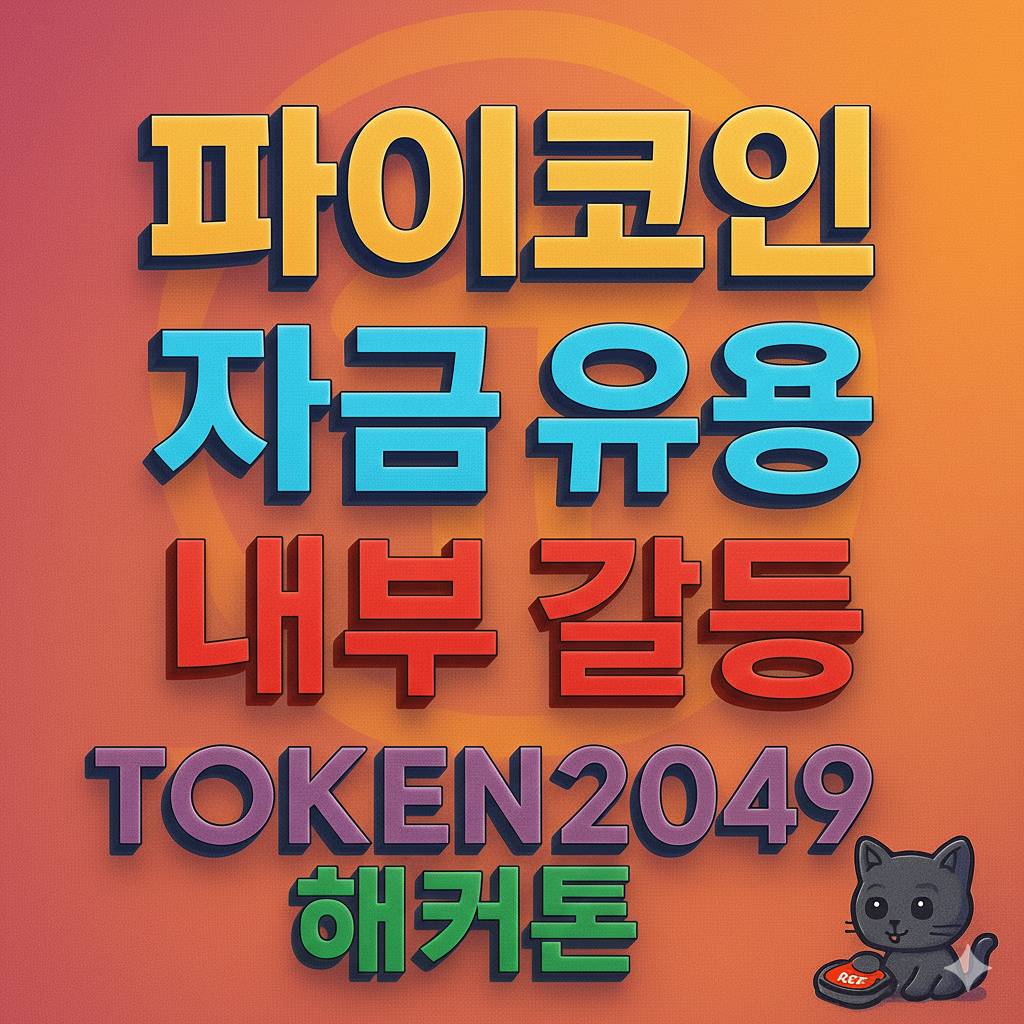 파이코인 내부 갈등과 TOKEN2049 해커톤을 다룬 굵고 입체적인 텍스트 그래픽 이미지