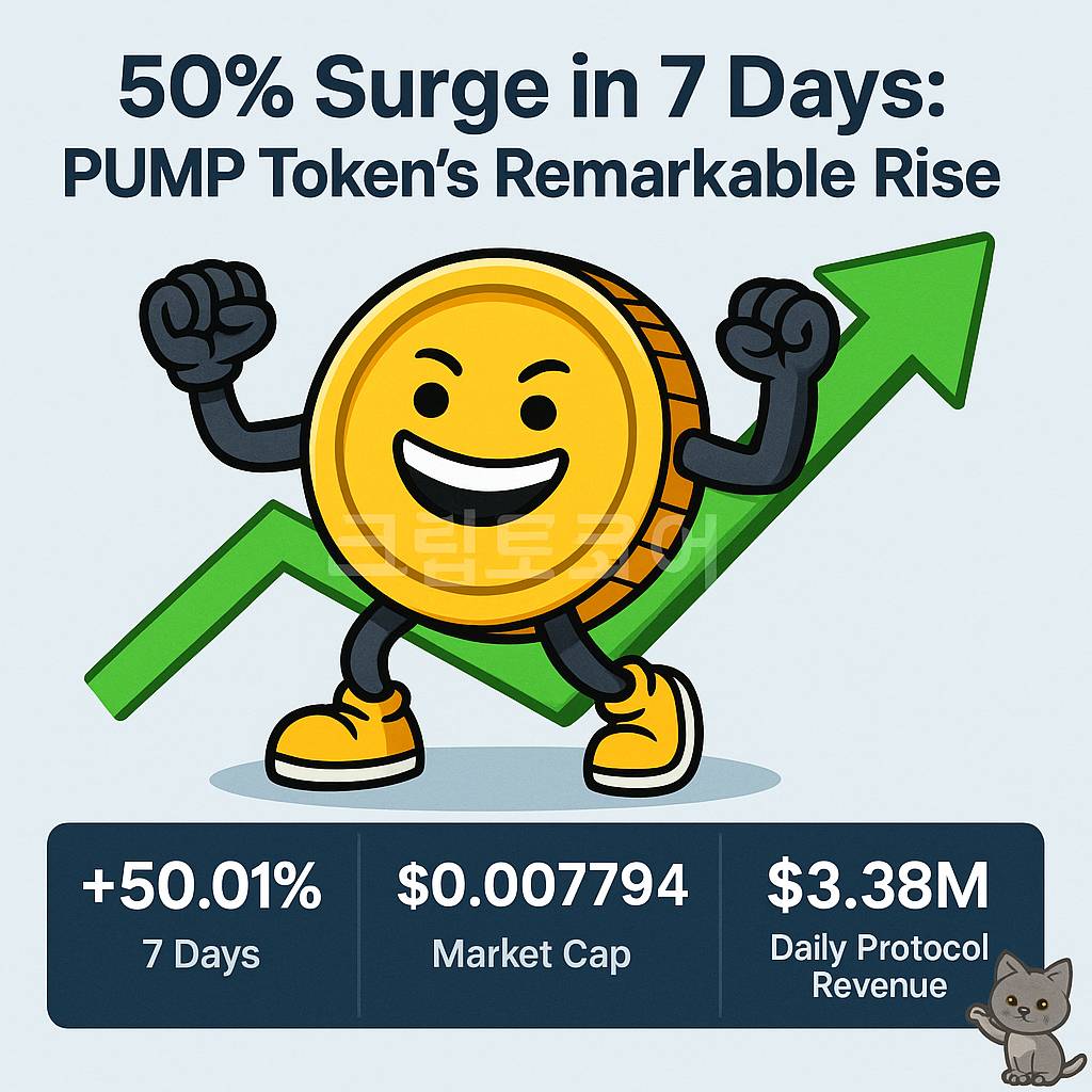 PUMP 토큰 7일간 50% 급등 인포그래픽 – 가격과 시가총액, 일일 프로토콜 수익을 강조한 상승세 이미지