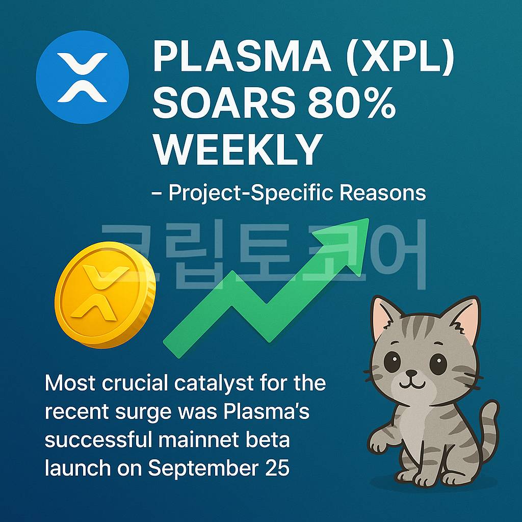 Plasma 코인 XPL의 주간 80% 급등과 메인넷 베타 출시 성공을 알리는 인포그래픽