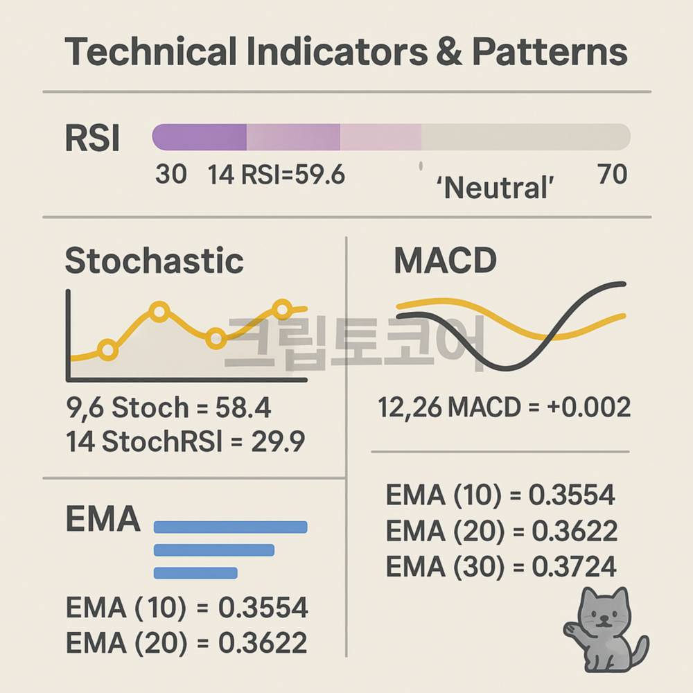 기술적 지표와 패턴 요약 인포그래픽 – RSI, 스토캐스틱, MACD, EMA 지표가 시각적으로 정리된 밝은 배경의 도식