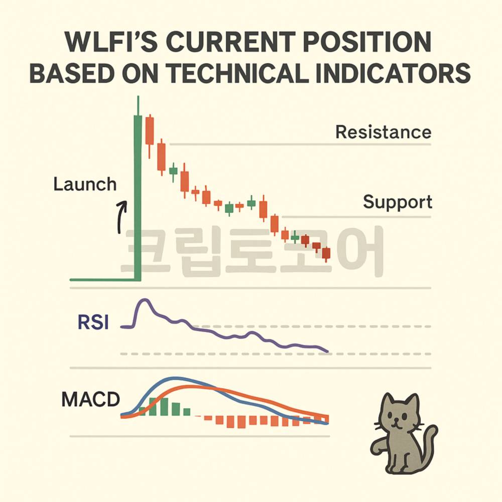 WLFI 토큰의 기술적 지표와 가격 변동을 보여주는 인포그래픽