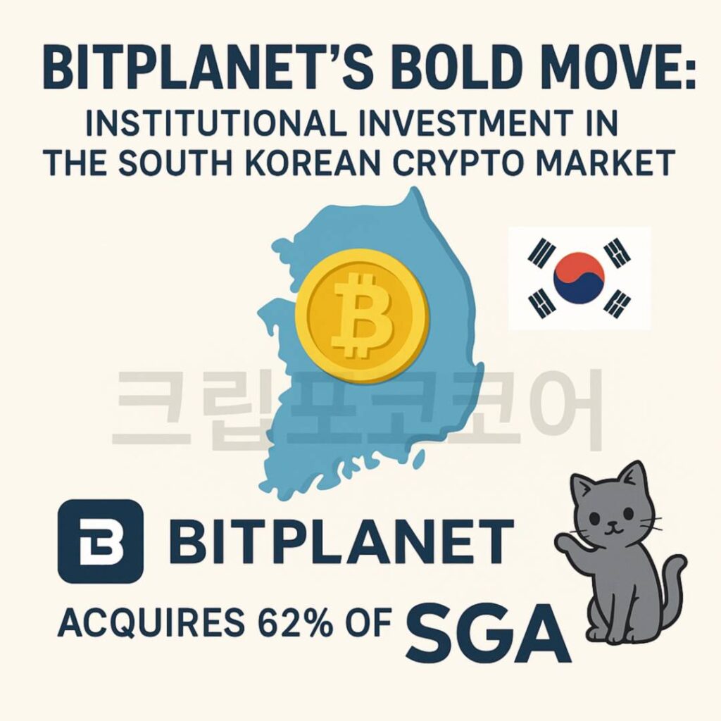 비트플래닛의 한국 암호화폐 시장 진출과 SGA 인수를 강조한 인포그래픽 이미지