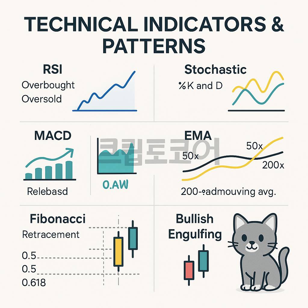 기술적 지표와 패턴을 보여주는 인포그래픽, RSI·스토캐스틱·MACD·EMA·피보나치·강세 캔들 패턴을 간결하게 설명한 차트 이미지