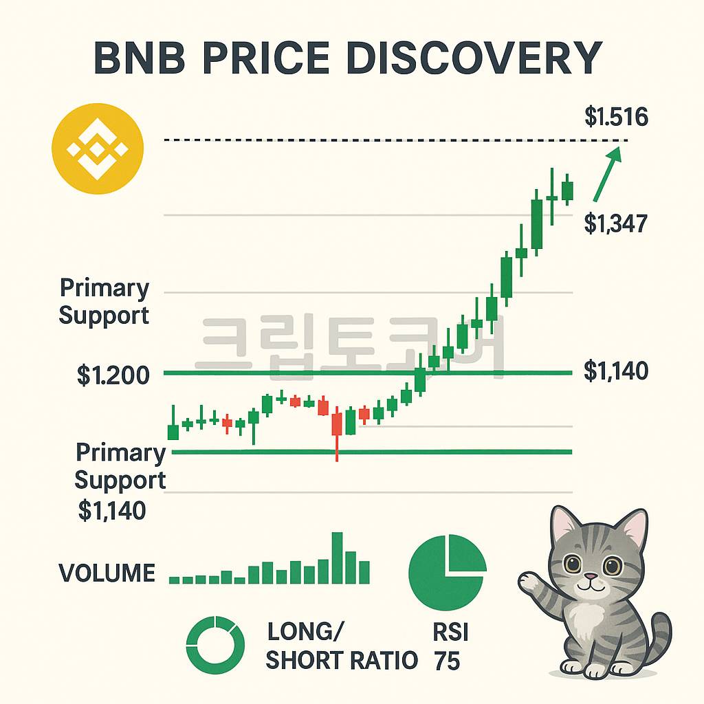 BNB 코인이 신고가를 돌파하며 주요 지지선과 저항 구간을 시각적으로 나타낸 인포그래픽
