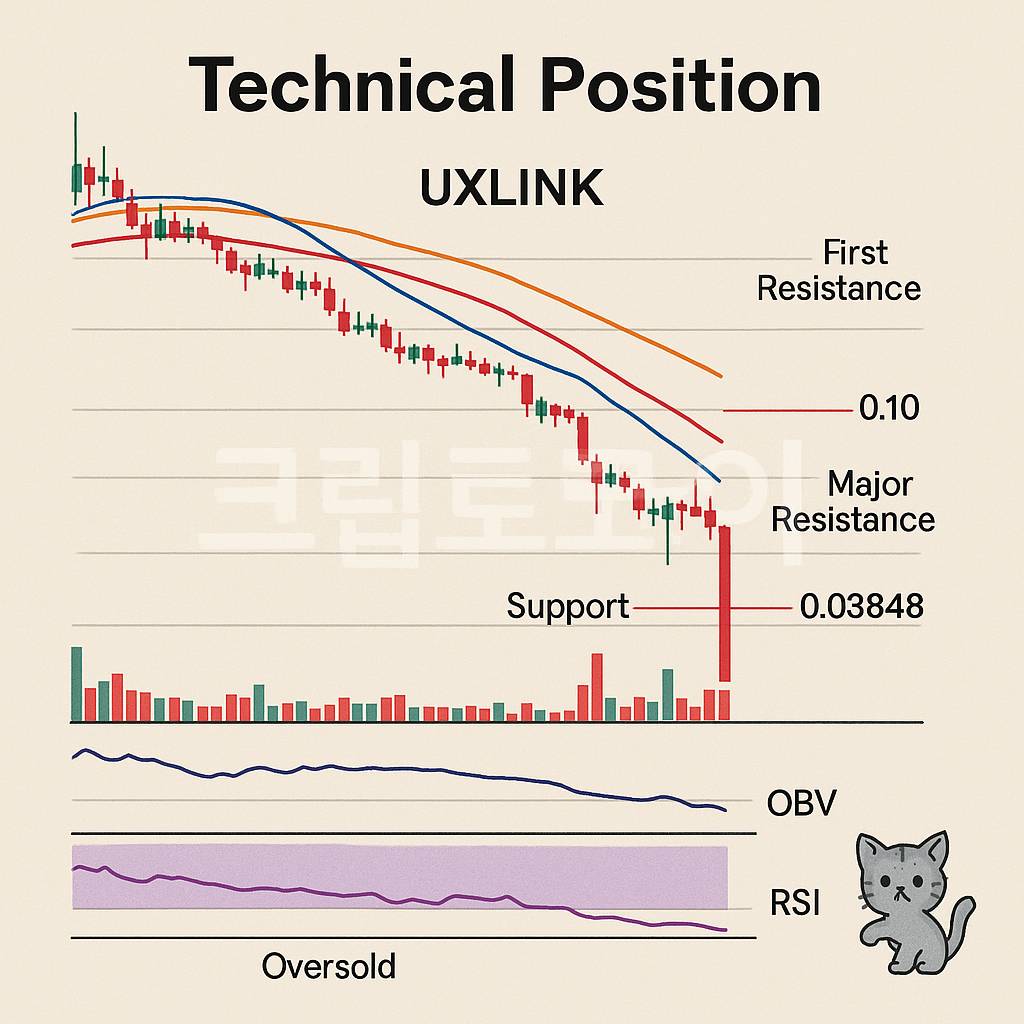 UXLINK 차트에서 급락 패턴과 주요 지지·저항 구간을 설명하는 인포그래픽