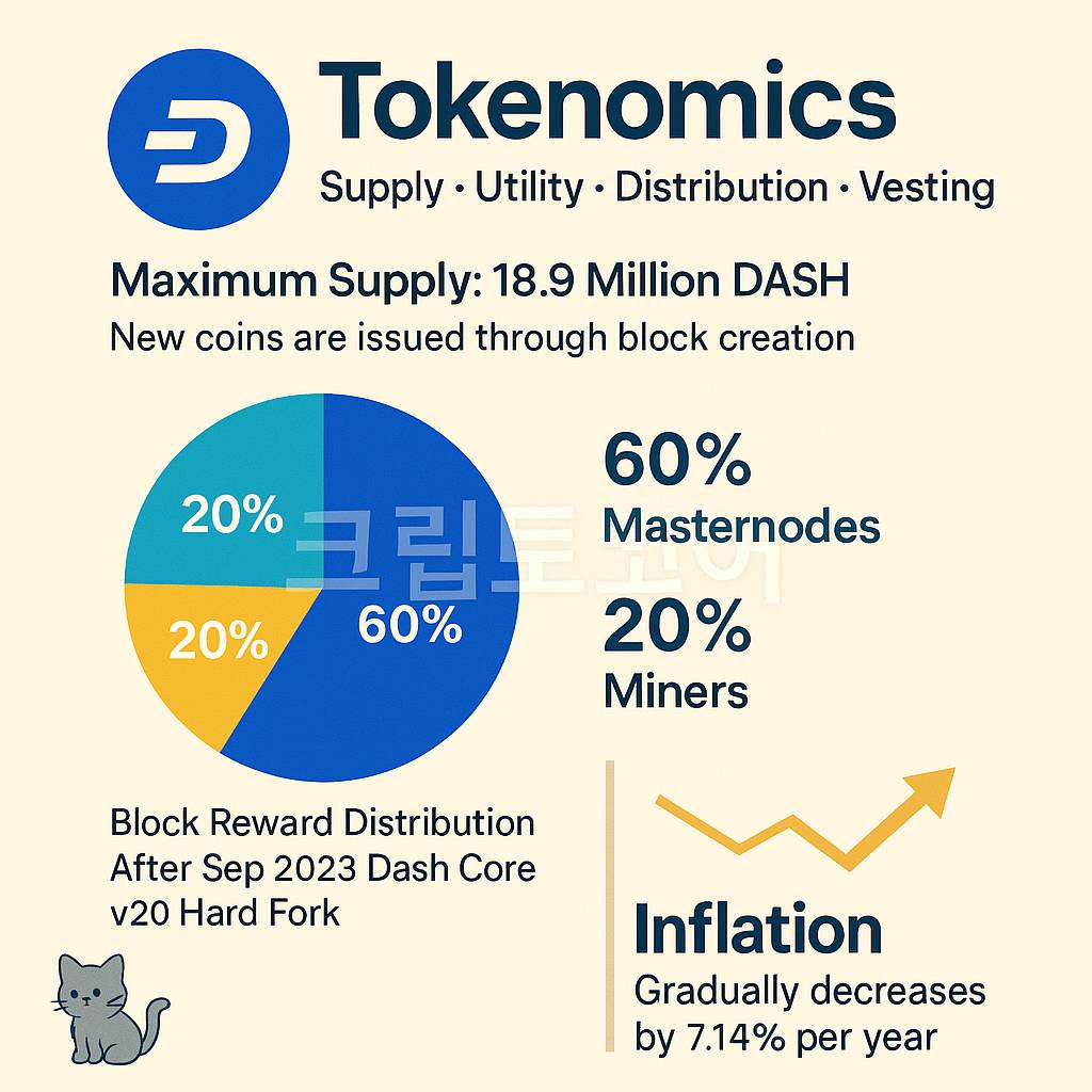 DASH 코인의 공급, 분배, 인플레이션 구조를 시각적으로 설명한 인포그래픽