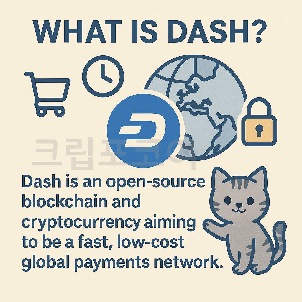 대시(Dash) 암호화폐의 핵심 개념을 밝은 톤의 인포그래픽으로 표현한 이미지