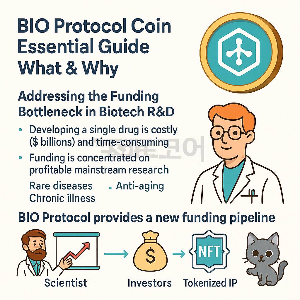 BIO Protocol 코인이 생명공학 연구의 자금 병목 현상을 해결하기 위한 탈중앙화 자금 조달 모델을 설명하는 인포그래픽