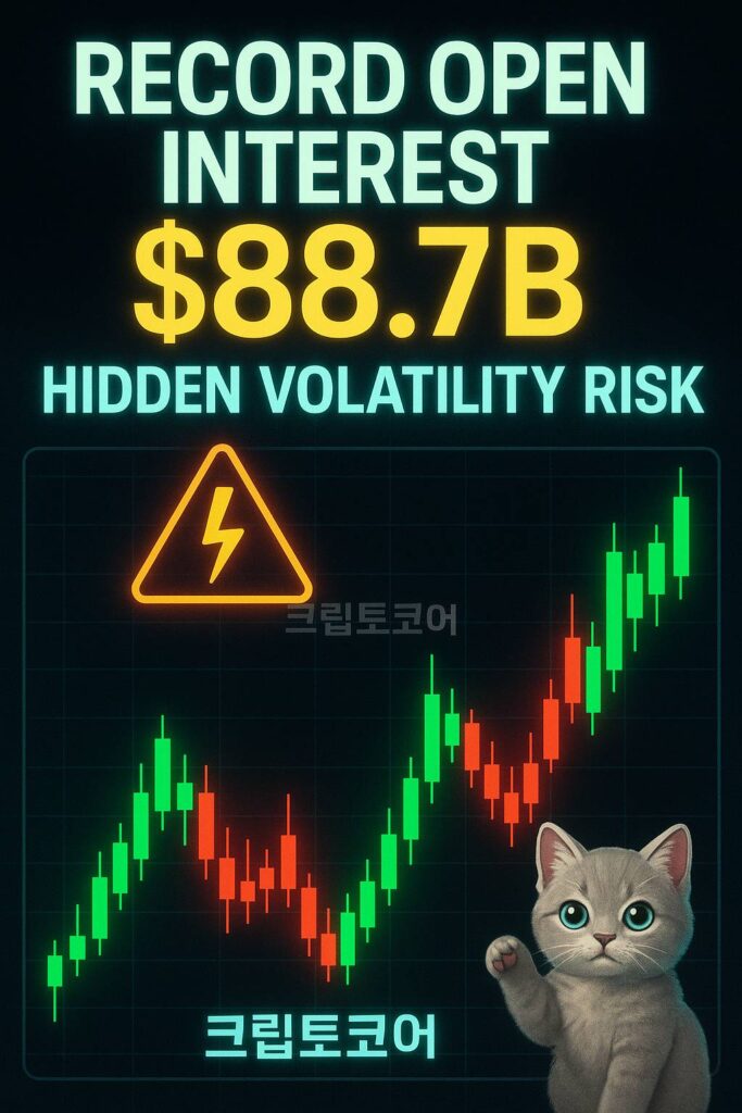 비트코인 선물 시장의 미결제약정이 사상 최고치를 경신한 상황을 시각적으로 표현한 네온 컬러 인포그래픽 이미지