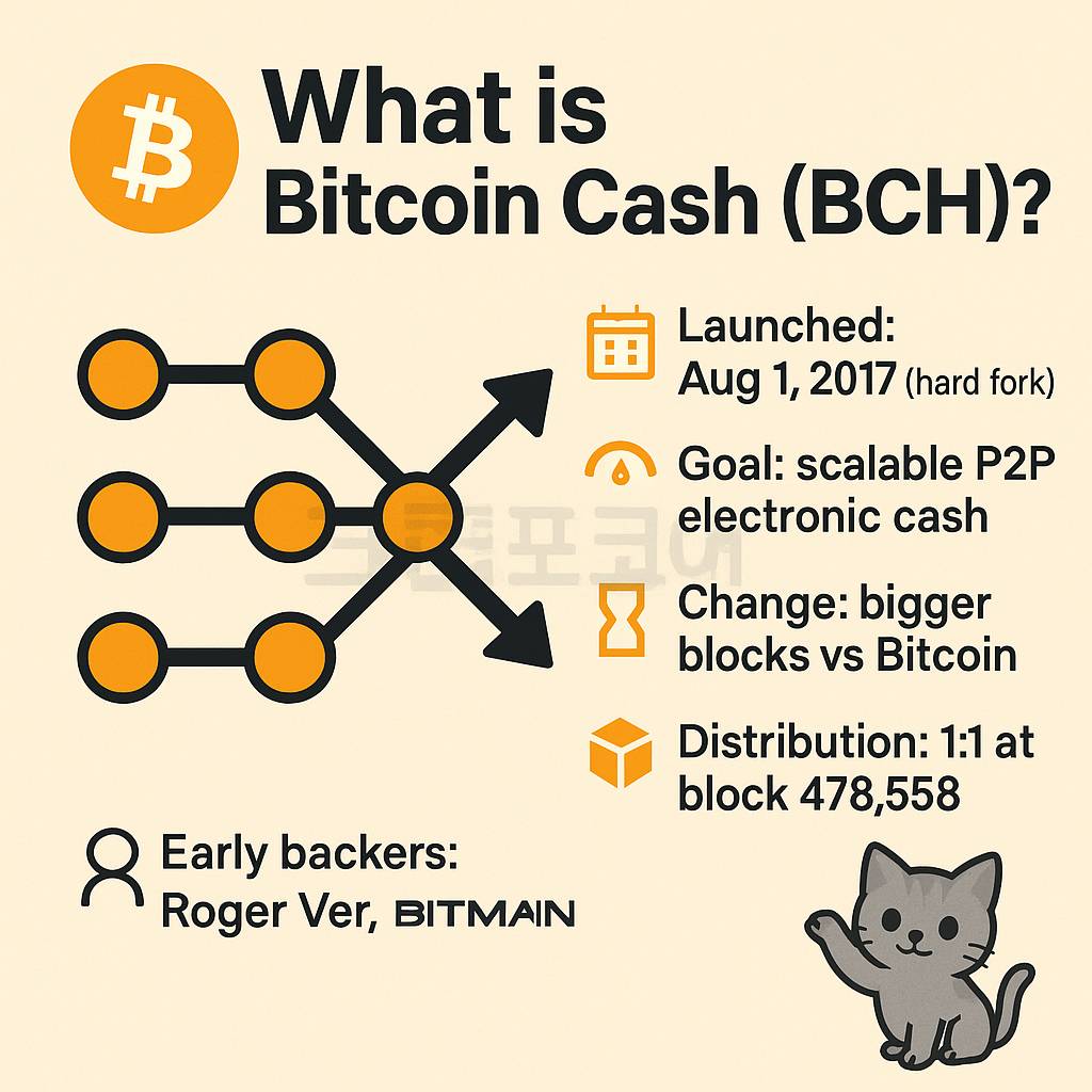 밝은 배경의 1:1 인포그래픽: 비트코인 캐시(BCH)의 하드포크 개념(체인 분기 다이어그램), 핵심 요약 인포그래픽