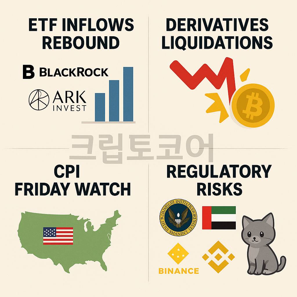 ETF inflows rebound, derivatives liquidations spike, CPI Friday watch, regulatory risks (SEC, UAE, Binance) 를 한눈에 보여주는 1:1 인포그래픽