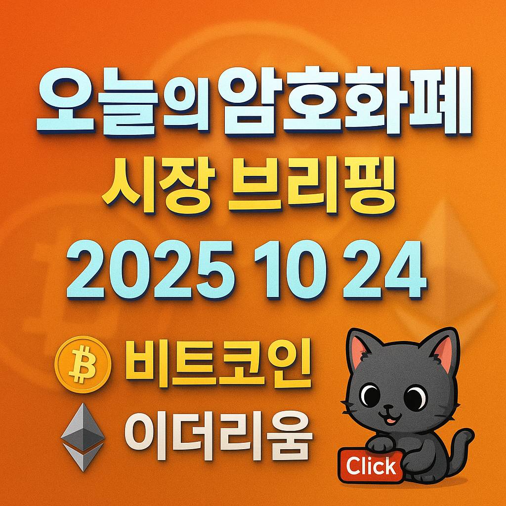오늘의 암호화폐 시장 브리핑 포스터, 2025년 10월 24일, 비트코인·이더리움 로고를 흐릿한 배경으로 사용하고 대비 높은 3D 텍스트 타이포그래피