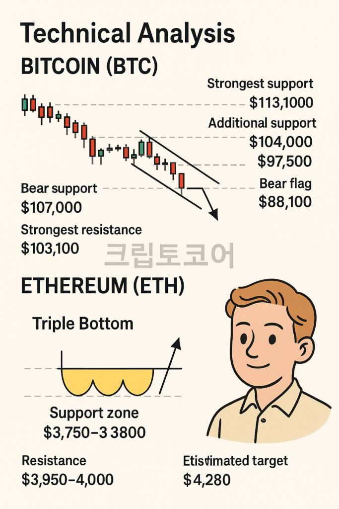 비트코인과 이더리움의 주요 지지선과 저항선을 시각적으로 분석한 인포그래픽