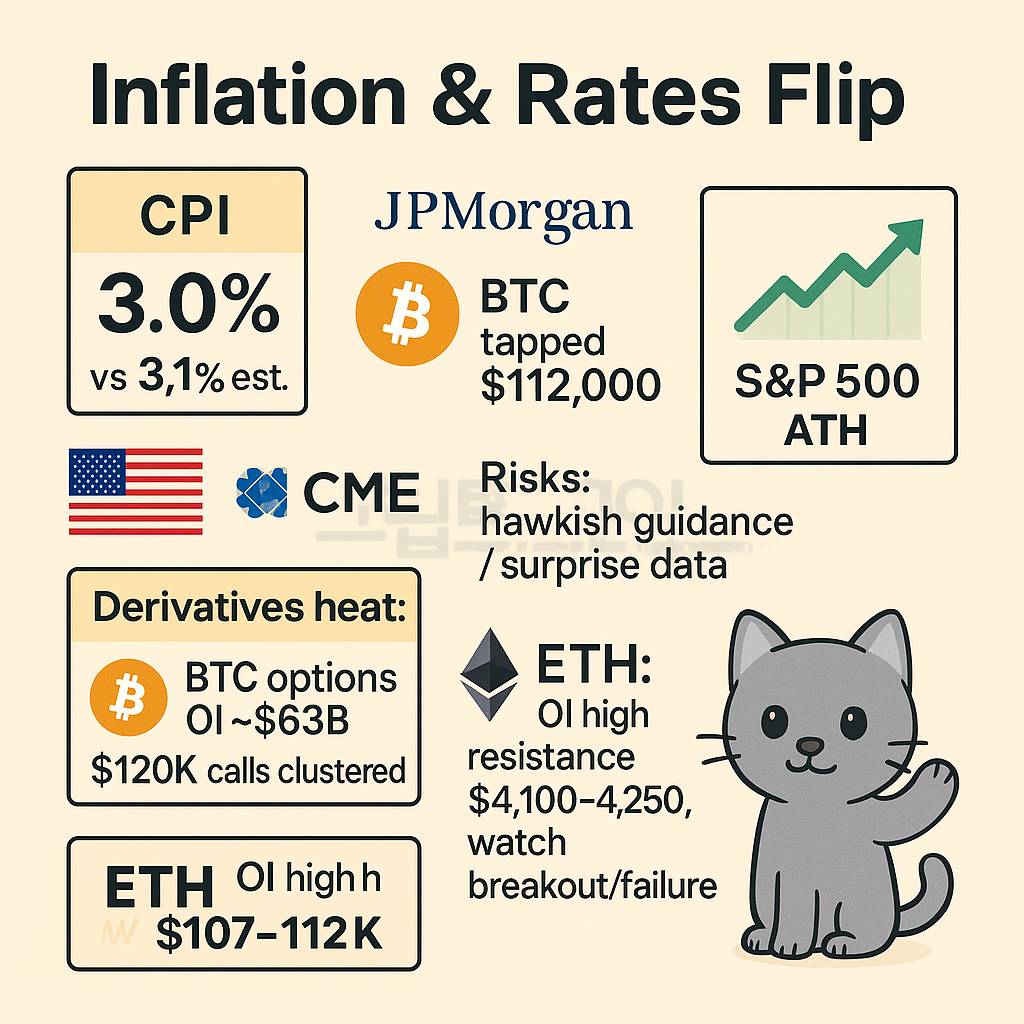 미국 CPI 3.0% 발표와 금리 인하 기대, BTC 파생 과열·ETH 저항 구간을 요약한 1:1 인포그래픽