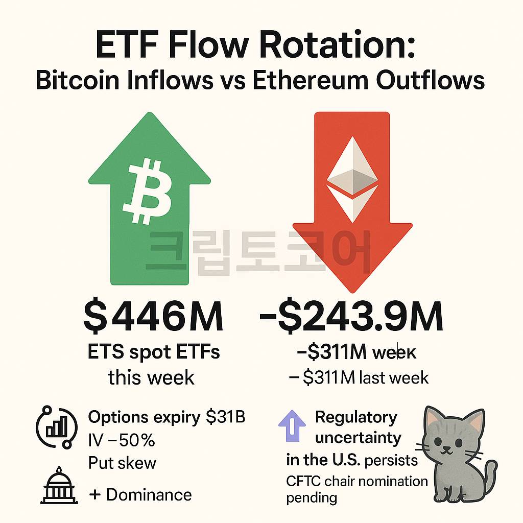 ETF flow rotation with Bitcoin inflows versus Ethereum outflows 인포그래픽