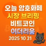 오늘 암호화폐 시장 브리핑 비트코인 이더리움 2025 10 31, 배경에 흐릿한 코인 로고와 그라데이션, 그림자 있는 입체 텍스트 디자인