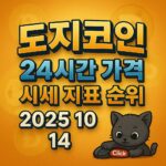 도지코인 24시간 가격 시세 지표 순위 2025 10 14, 금색 그라데이션 배경과 흐릿한 도지 로고가 뒤배경에 배치된 1:1 타이포그래픽 포스터