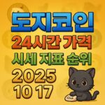 도지코인 24시간 가격 시세 지표 순위 2025년 10월 17일, 금빛 그라데이션 배경 인포그래픽
