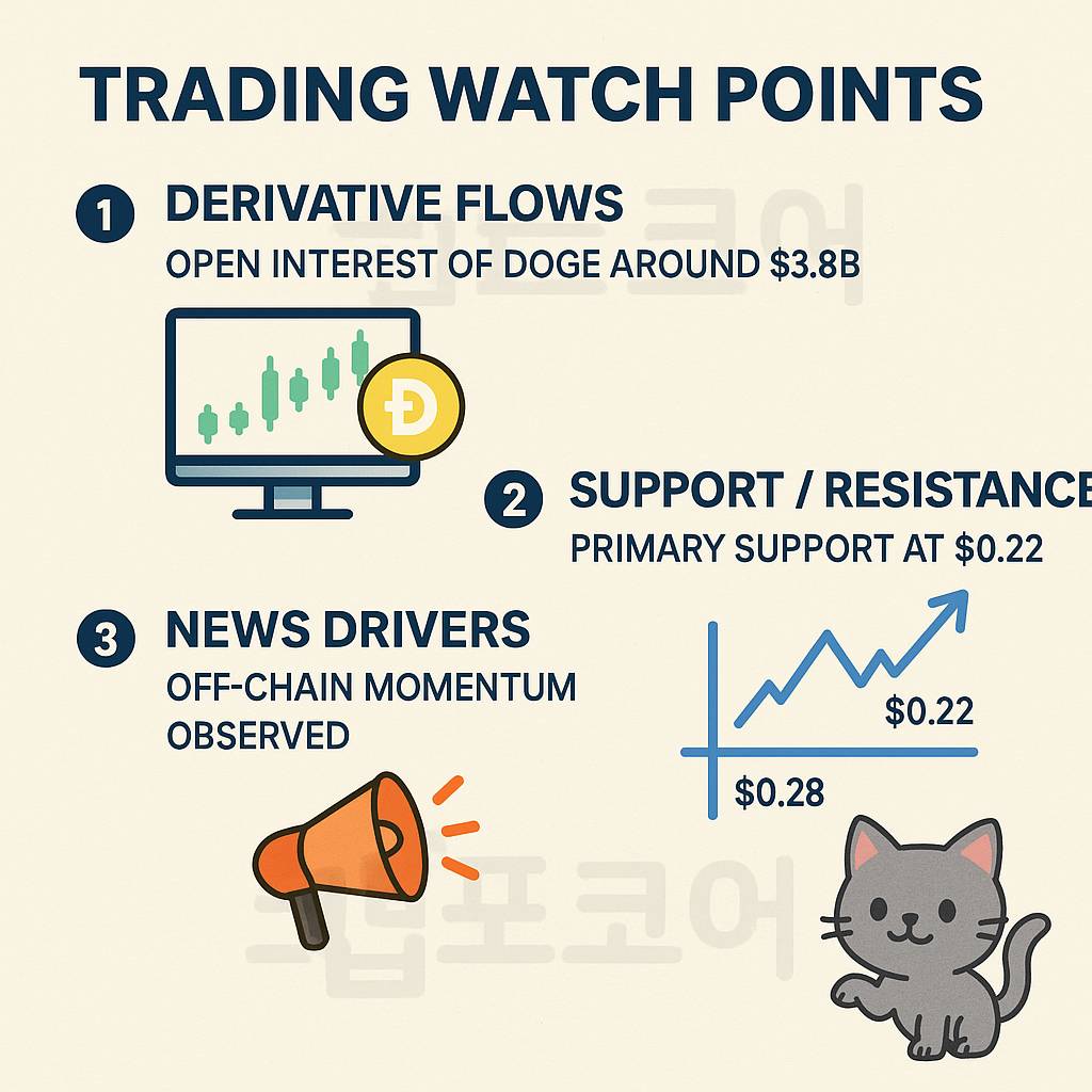 Dogecoin 파생, 지지·저항, 뉴스 드라이버 관련 트레이딩 포인트를 시각화한 인포그래픽